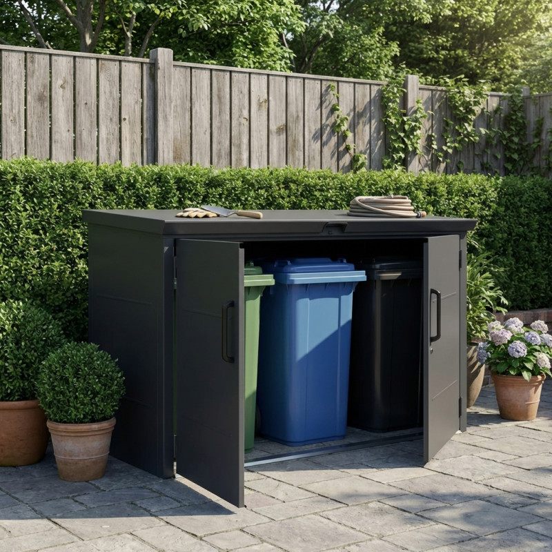 Abri 3 poubelles en acier galvanisé Kosto monopente gris foncé + kit d'ancrage - X-Métal