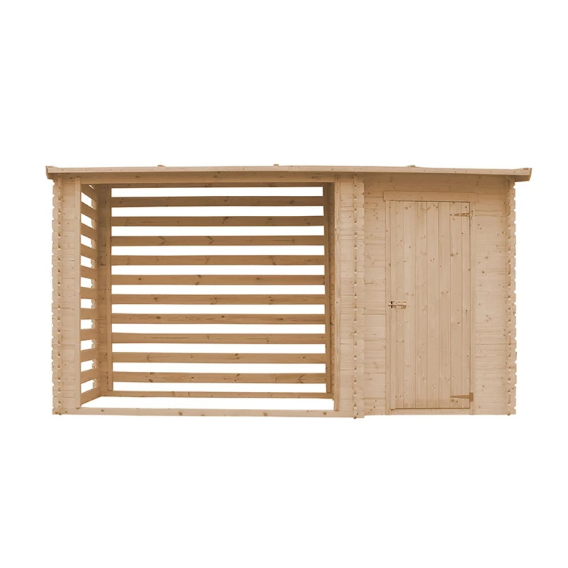 Abri bûches avec espace fermé en bois brut 344x130cm – panneaux 19mm – Timbela