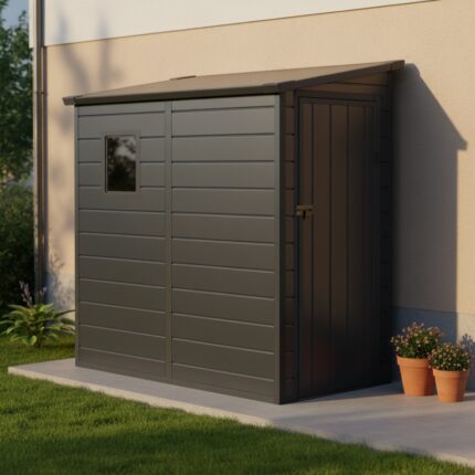 Abri de jardin adossé en résine anthracite 2,09m² + kit de fondation - JOBU