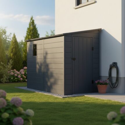 Abri de jardin adossé en résine anthracite 3,55m² + kit de fondation - JOBU