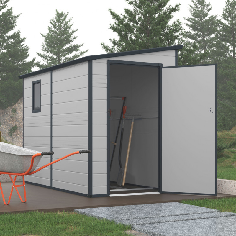 Abri de jardin adossé en résine gris clair 3,55m² + kit de fondation - JOBU Abri de jardin adossé en résine gris clair 3,55m² + kit de fondation - JOBU