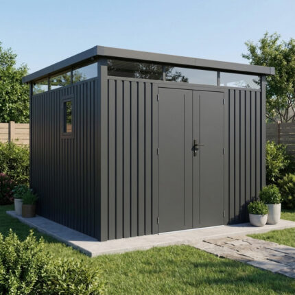Abri de jardin en acier galvanisé Kosto gris foncé 8,64m² + kit d'ancrage - X-Métal
