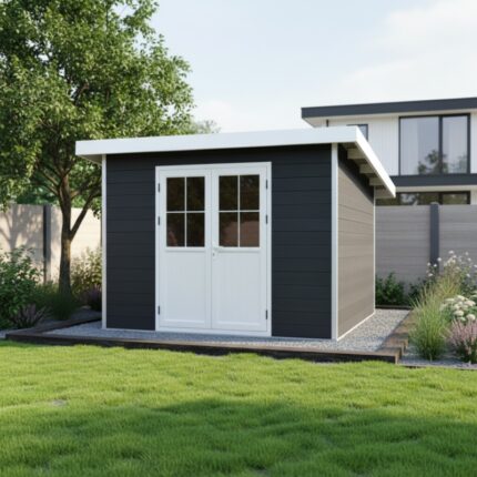 Abri de jardin en bois composite 28mm anthracite 4,41m² PREMIUM toit plat - Woodlife Garden