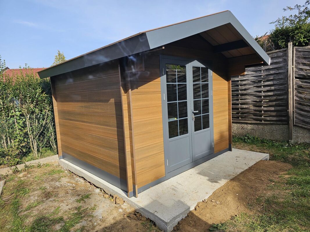 Abri de jardin en bois composite 28mm aspect bois vieilli 9m² double porte alu et double vitrage - Woodlife Garden