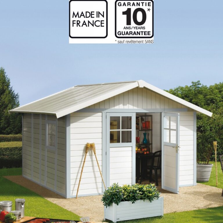 Abri de jardin en PVC 11,2m² DECO blanc et gris bleu Grosfillex + kit ancrage offert
