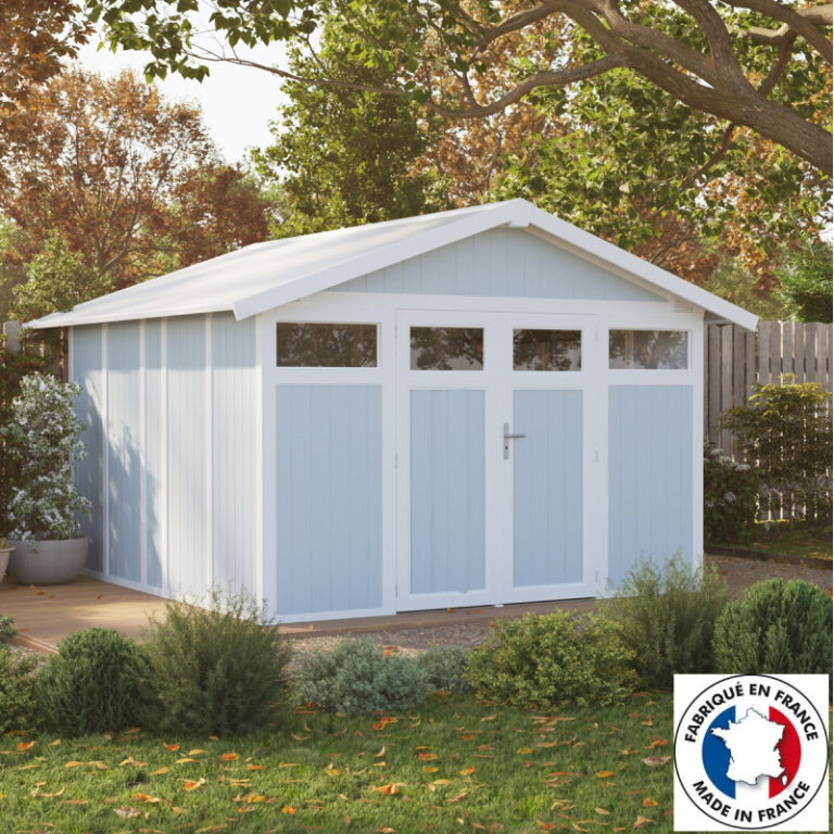 Abri de jardin en PVC 11,2m² UTILITY blanc et gris bleu Grosfillex + kit ancrage offert