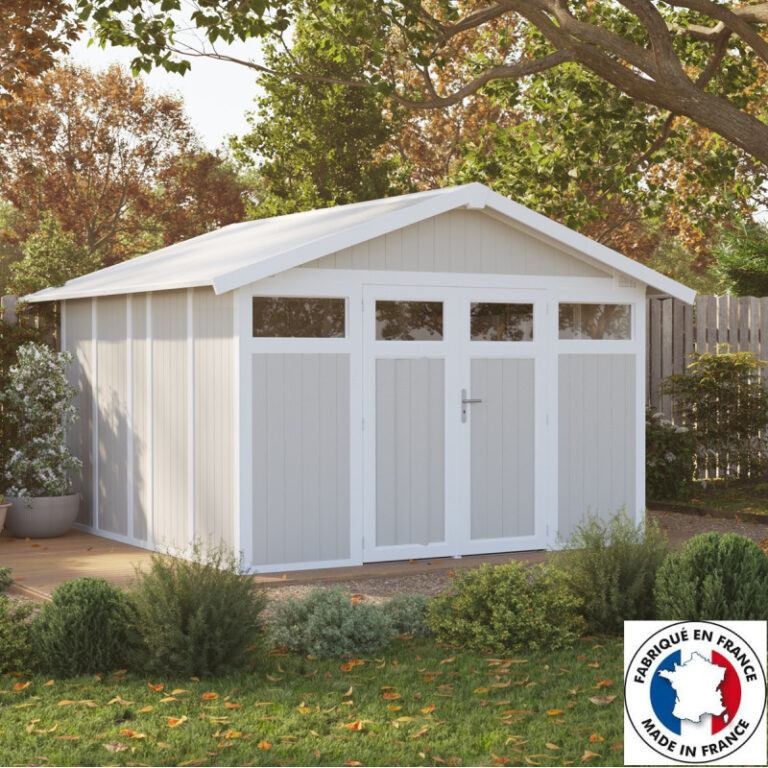 Abri de jardin en PVC 11,2m² UTILITY blanc et gris vert Grosfillex + kit ancrage offert