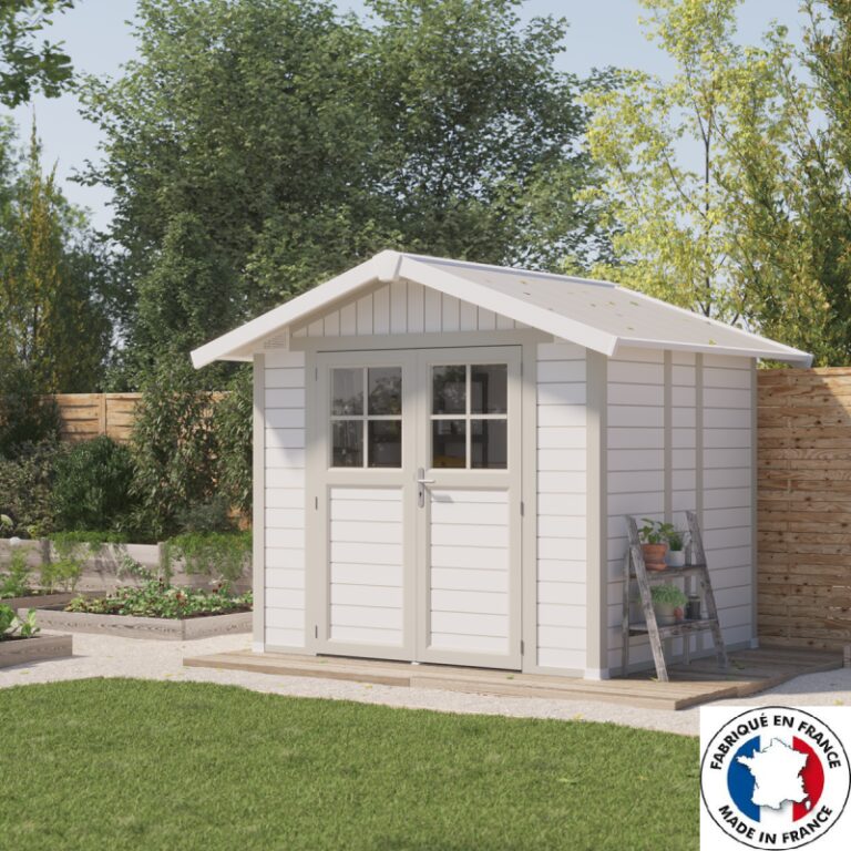 Abri de jardin en PVC 4,9m² DECO blanc et gris vert Grosfillex + kit ancrage offert