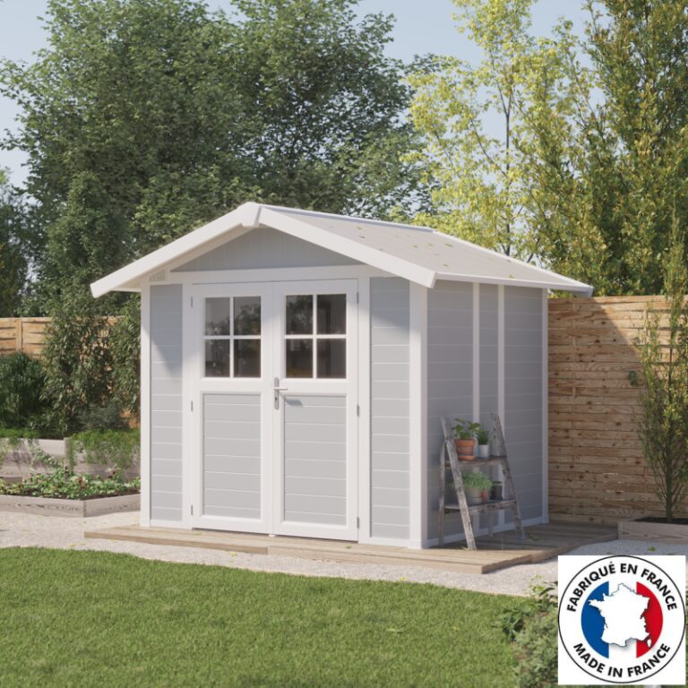 Abri de jardin en PVC 4,9m² DECO gris clair et blanc Grosfillex + kit ancrage offert