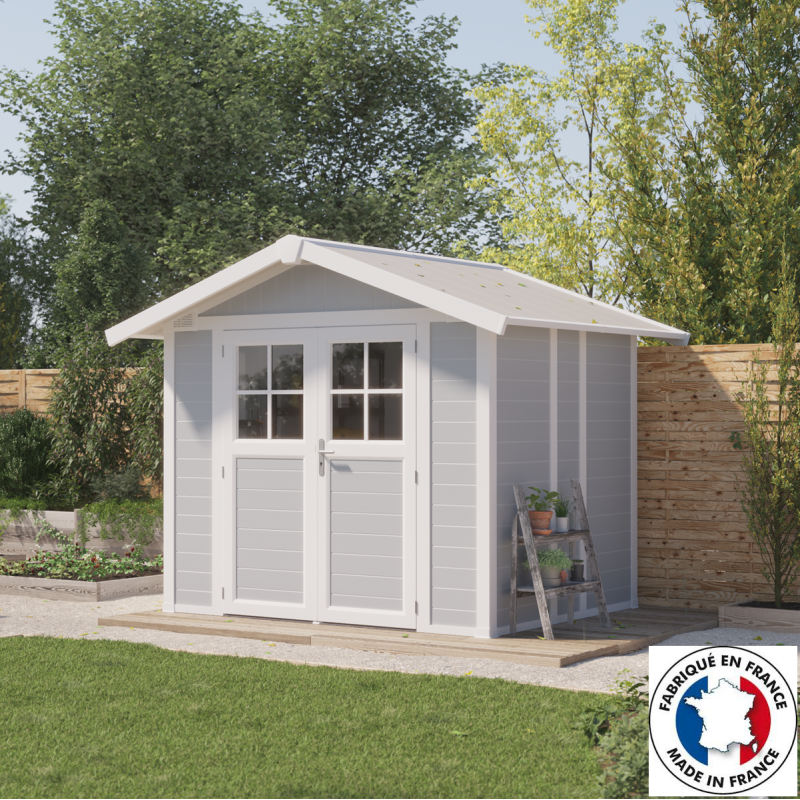 Abri de jardin en PVC 4,9m² DECO gris clair et blanc Grosfillex + kit ancrage offert