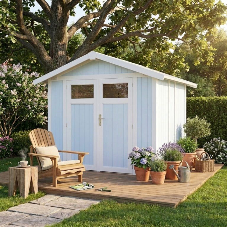 Abri de jardin en PVC 4,9m² UTILITY blanc et gris bleu Grosfillex + kit ancrage offert