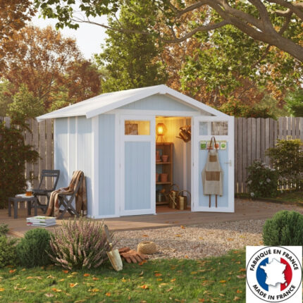 Abri de jardin en PVC 4,9m² UTILITY blanc et gris bleu Grosfillex + kit ancrage offert