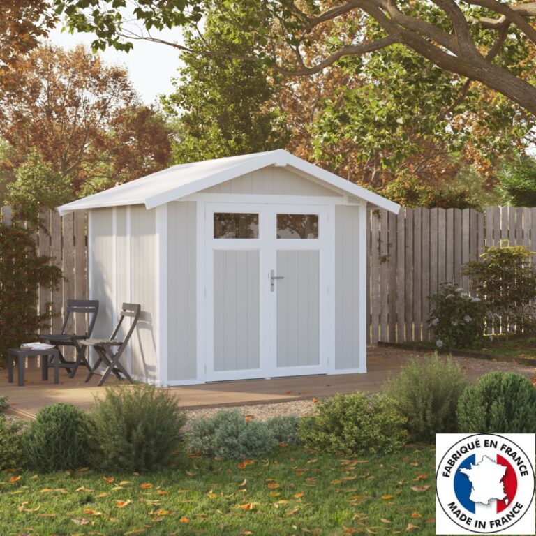 Abri de jardin en PVC 4,9m² UTILITY blanc et gris vert Grosfillex + kit ancrage offert