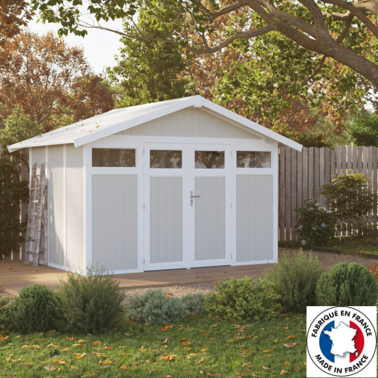 Abri de jardin en PVC 7,53m² UTILITY blanc et gris vert Grosfillex + kit ancrage offert