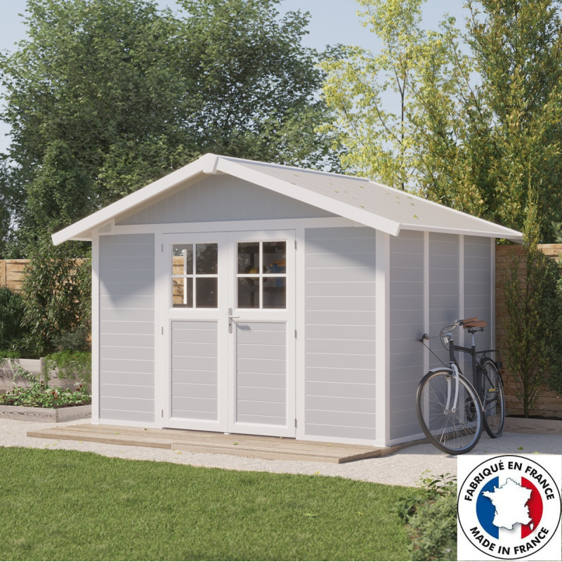 Abri de jardin en PVC 7,5m² DECO gris clair et blanc Grosfillex + kit ancrage offert