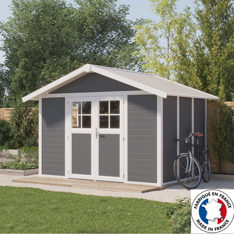 Abri de jardin en PVC 7,5m² DECO gris foncé et blanc Grosfillex + kit ancrage offert