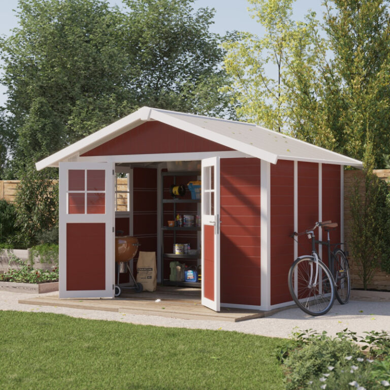 Abri de jardin en PVC 7,5m² DECO rouge et blanc Grosfillex + kit ancrage offert