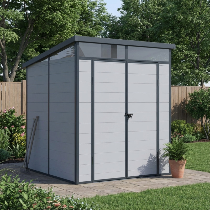 Abri de jardin en résine 3,24m² gris clair toit monopente skylight + plancher - Jobu Abri de jardin en résine 3,24m² gris clair toit monopente skylight + plancher - Jobu