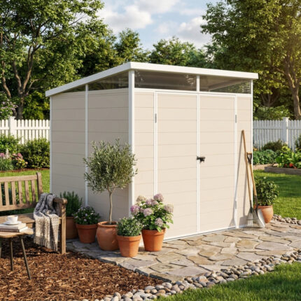 Abri de jardin en résine 4,10m² beige toit monopente skylight + plancher - Jobu