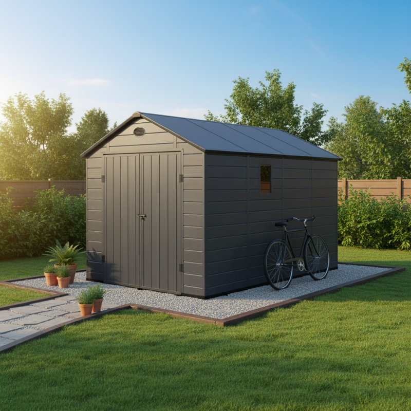 Abri de jardin en résine anthracite 8,90m² + kit de fondation - JOBU