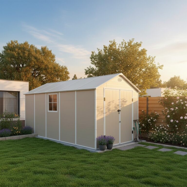 Abri de jardin en résine beige 11m² + kit de fondation - JOBU