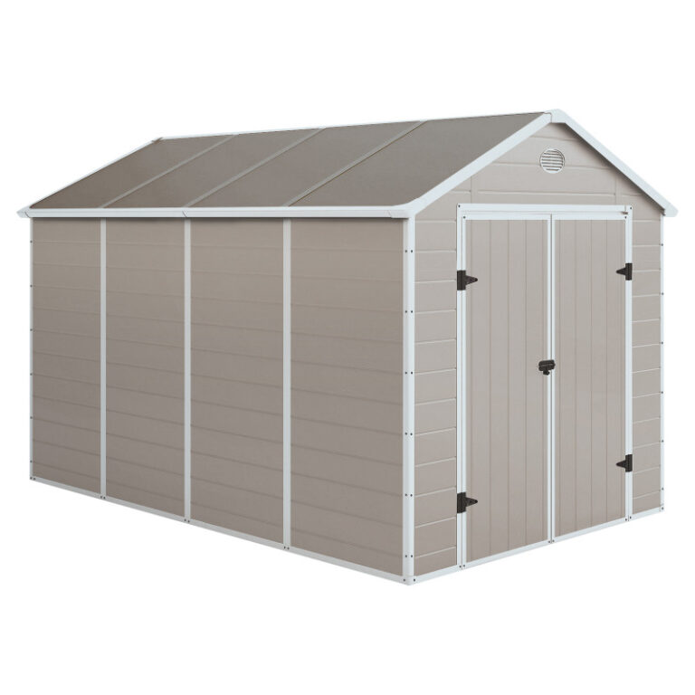 Abri de jardin en résine beige 8,90m² + kit de fondation - JOBU