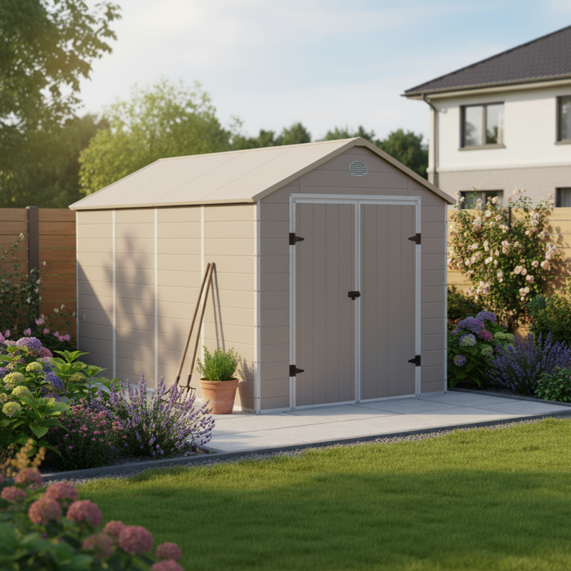 Abri de jardin en résine beige 8,90m² + kit de fondation - JOBU Abri de jardin en résine beige 8,90m² + kit de fondation - JOBU