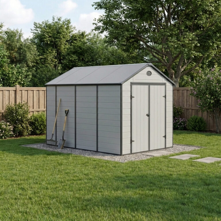 Abri de jardin en résine gris 8,90m² + kit de fondation - JOBU