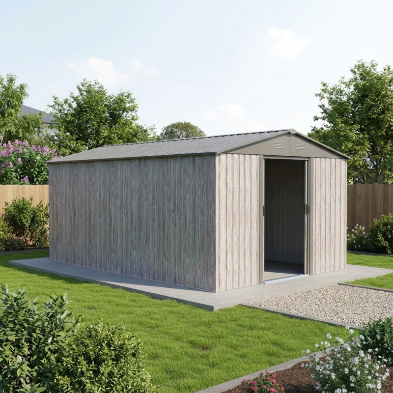 Abri de jardin métal 11m² WoodTouch beige + kit d'ancrage X-METAL
