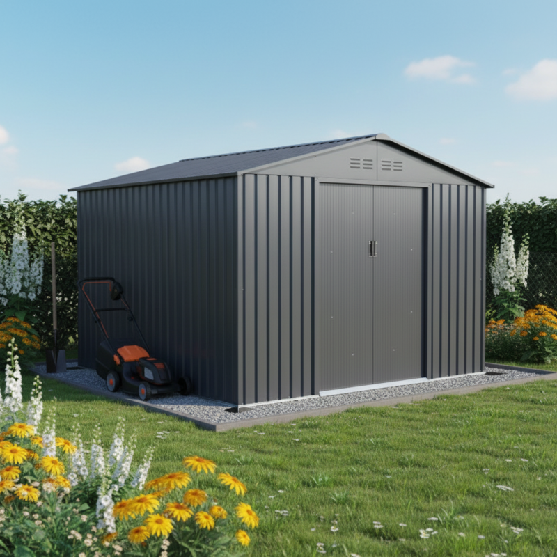 Abri de jardin métal 8,84m² FIRST anthracite + Kit d'ancrage X-METAL