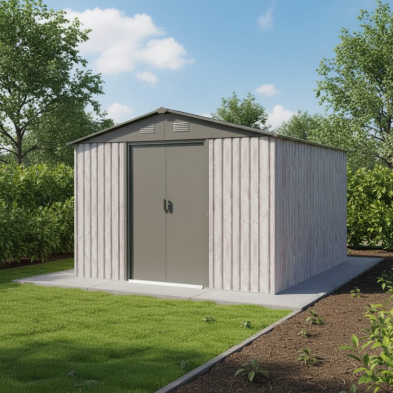 Abri de jardin métal 9,12m² WoodTouch beige + kit d'ancrage X-METAL