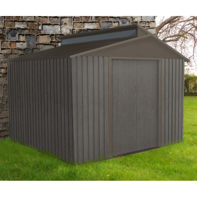 Abri de jardin métal avec puit de lumière 7,25m² imitation bois vieilli Abri de jardin métal avec puit de lumière 7,25m² imitation bois vieilli