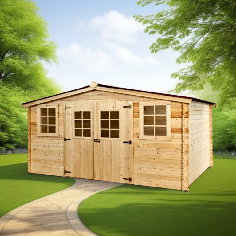 Abri en bois massif 12m² – madriers 28mm + couverture plaques ondulées - Habrita