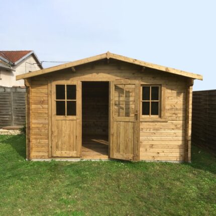 Abri en bois massif 12m² PLUS 28mm traité teinté marron Gardy Shelter