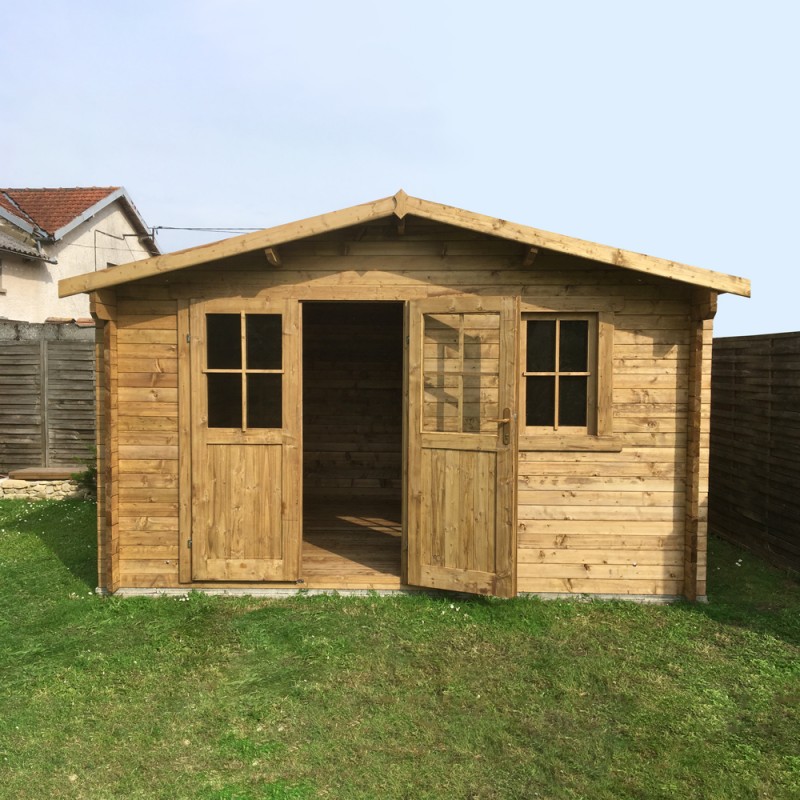 Abri en bois massif 12m² PLUS 28mm traité teinté marron Gardy Shelter