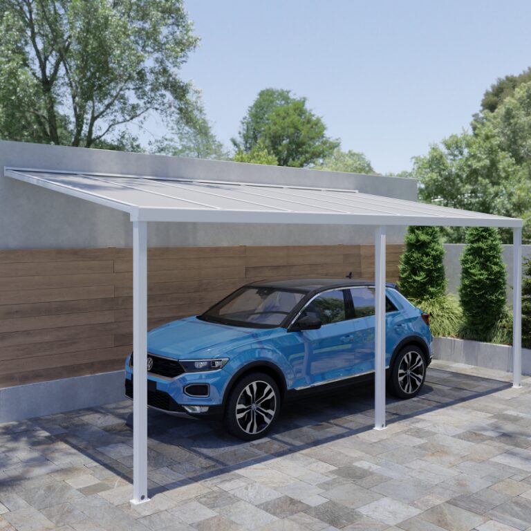 Carport adossé 300x500cm en aluminium blanc H280cm avec 3 poteaux MIRABOU - Essency