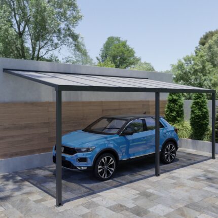 Carport adossé 300x500cm en aluminium gris anthracite H260cm avec 3 poteaux MIRABOU - Essency