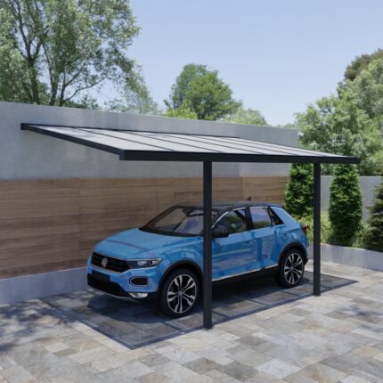Carport adossé 300x500cm en aluminium gris anthracite H280cm avec 2 poteaux MIRABOU - Essency