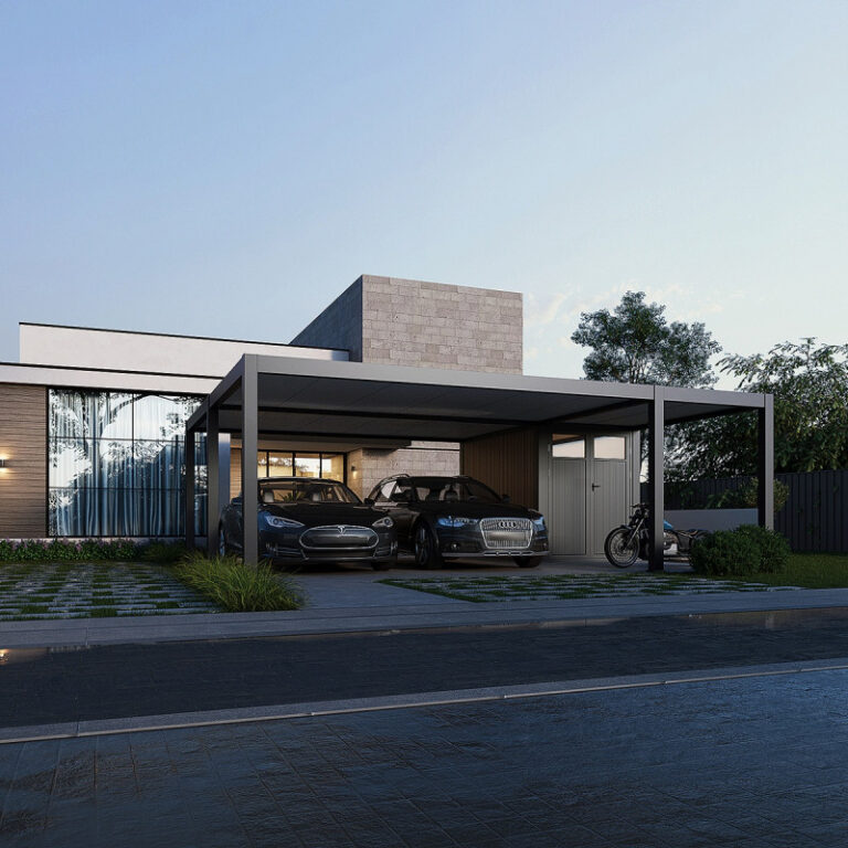 Carport double 30m² en aluminium anthracite et toit en acier avec abri de 6m² - Ombrea