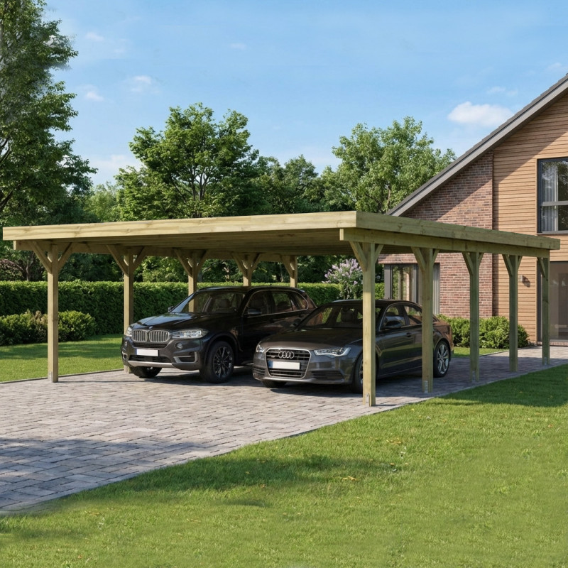 Carport double en bois autoclave 50,9m² et toit en acier – KARIBU Carport double en bois autoclave 50,9m² et toit en acier – KARIBU