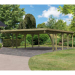 Carport double en bois autoclave 50,9m², toit en acier et deux poteaux en arc – KARIBU