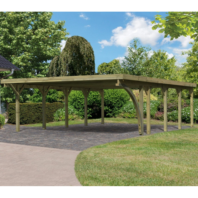 Carport double en bois autoclave 50,9m², toit en acier et poteau en arc – KARIBU