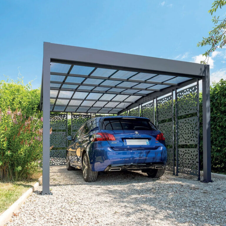 Carport double pente LIBECCIO 16m² en alu anthracite et polycarbonate + 8 panneaux – Trigano