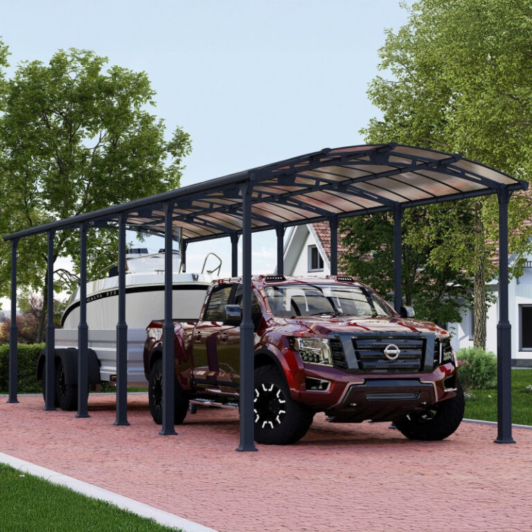 Carport en alu gris et polycarbonate 1 voiture 46,3m² Arcadia Alpine 12700 - Canopia