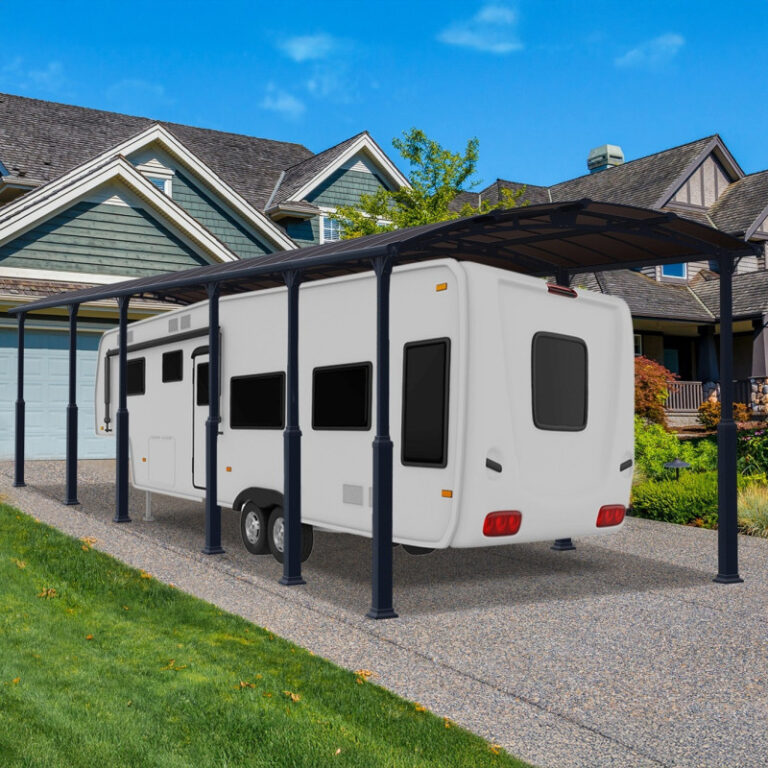 Carport en alu gris et polycarbonate 1 voiture 46,3m² Arcadia Alpine 12700 - Canopia