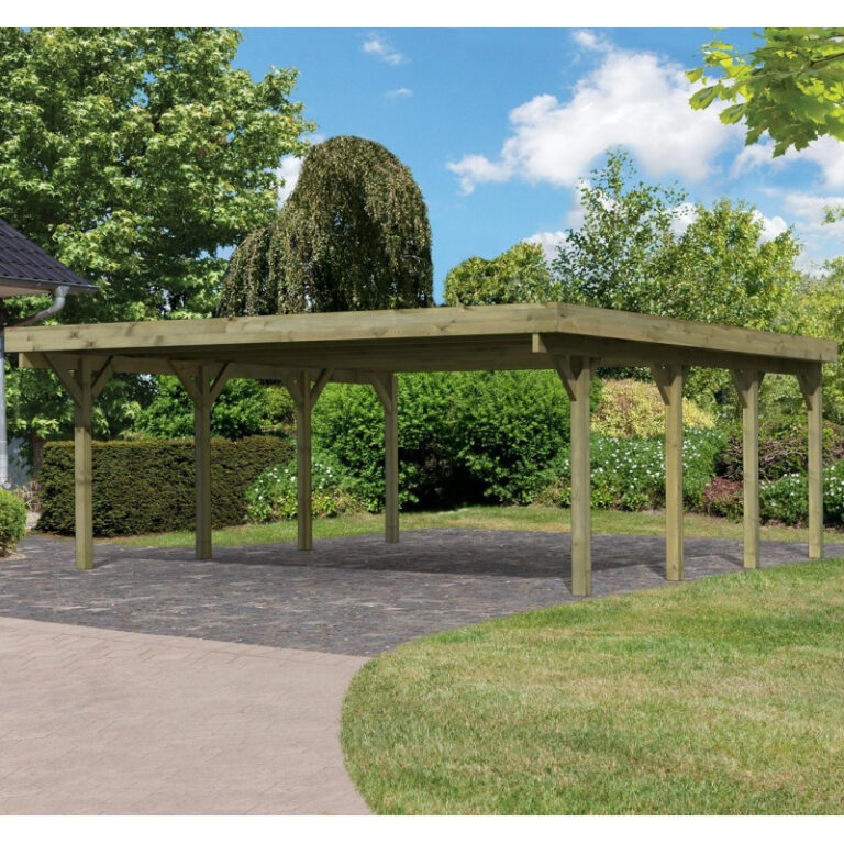 Carport en bois autoclave 40,2m² et toit en acier – KARIBU