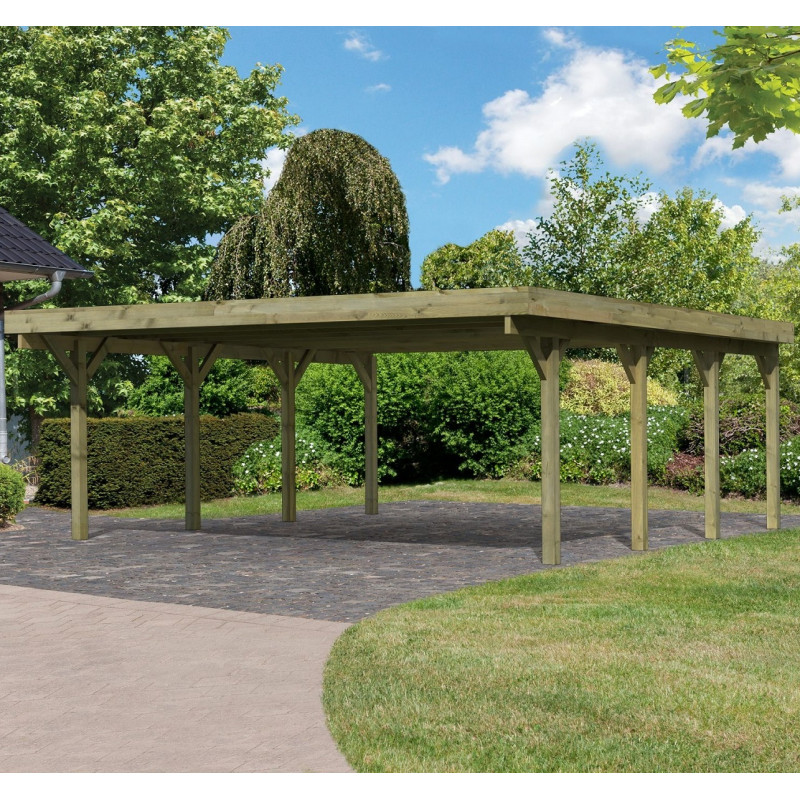 Carport en bois autoclave 40,2m² et toit en acier – KARIBU