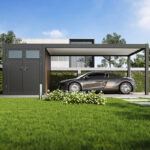 Carport simple 15m² en aluminium anthracite et toit en acier avec abri de 6m² - Ombrea