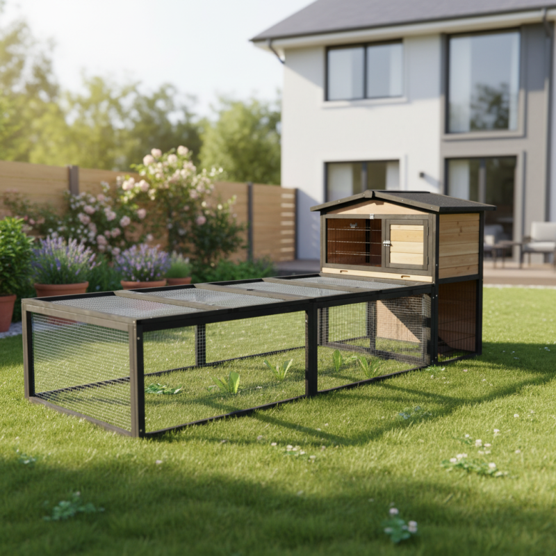 Clapier d'extérieur en bois FSC thermo-traité 101x55x100cm + extension grillagée - Shelty Pet