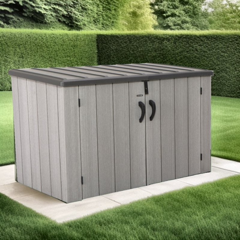 Coffre de jardin 2,06m² en PEHD imitation bois Lifetime - Habrita Coffre de jardin 2,06m² en PEHD imitation bois Lifetime - Habrita